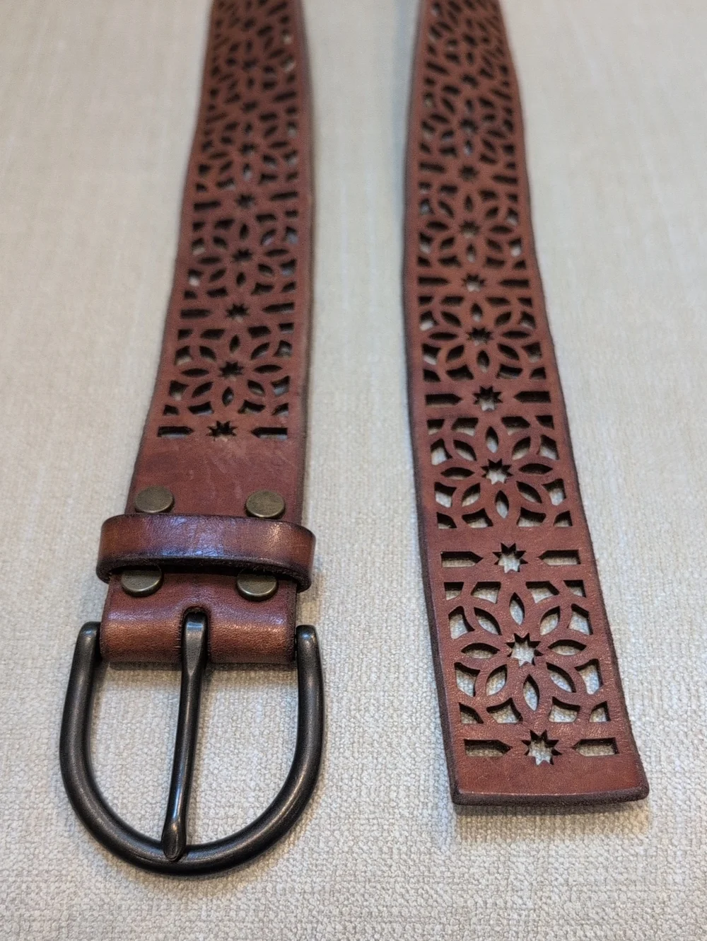 Brown Laser-Cut Floral Leather Belt Gunmetal Buckle Adjustable